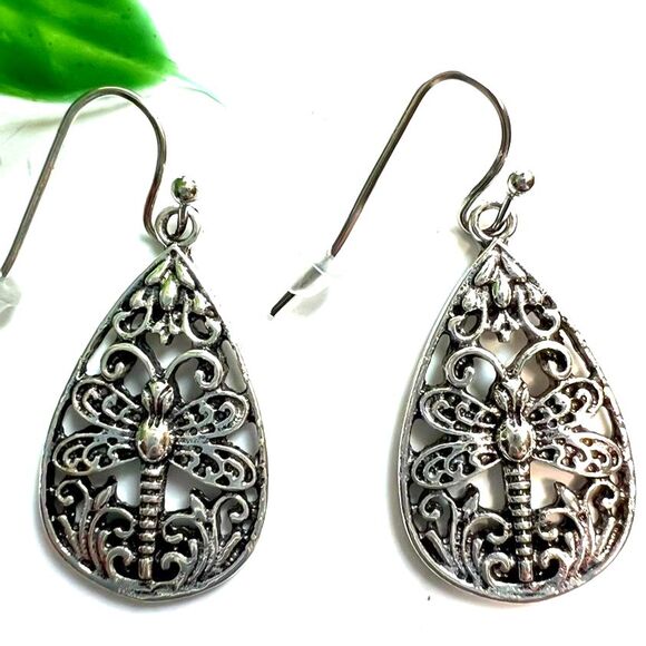 Silver Tone Dragonfly Pierced Teardrop Dangle Earrings - Picture 1 of 11